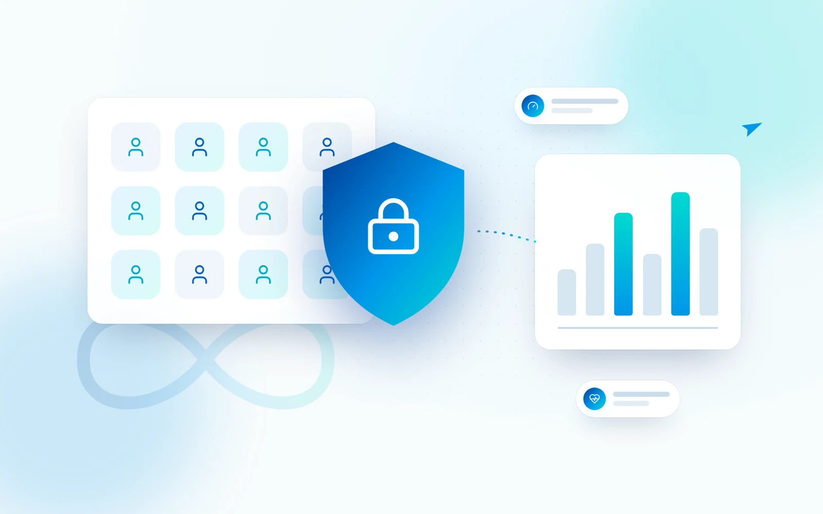 Ilustración: un equipo protegido por un escudo de privacidad con indicadores generales