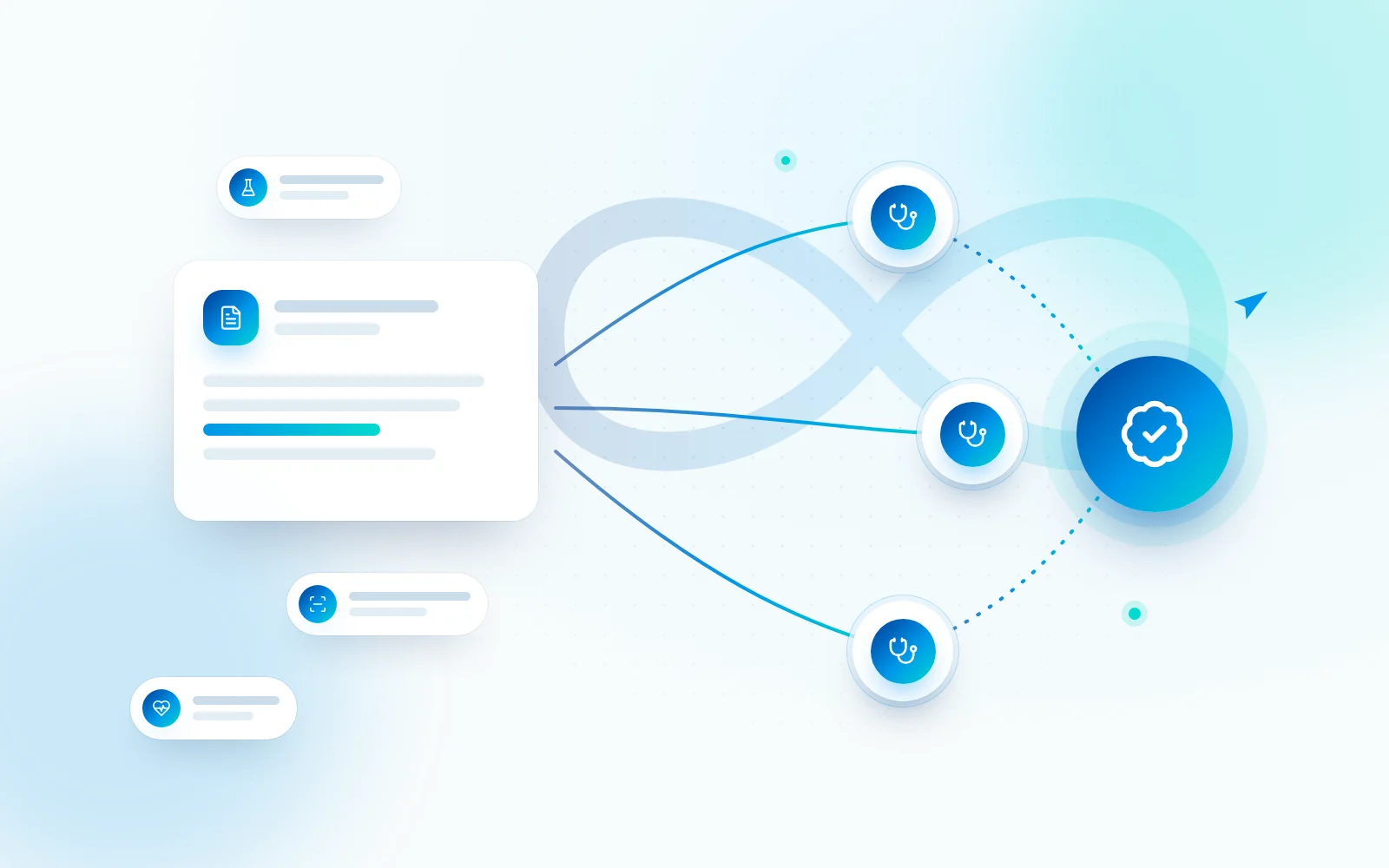 Ilustración: un expediente ordenado y tres opiniones médicas alrededor del símbolo infinito